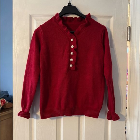 Red Ruffled Buttoned Sweater - Picture 2 of 5